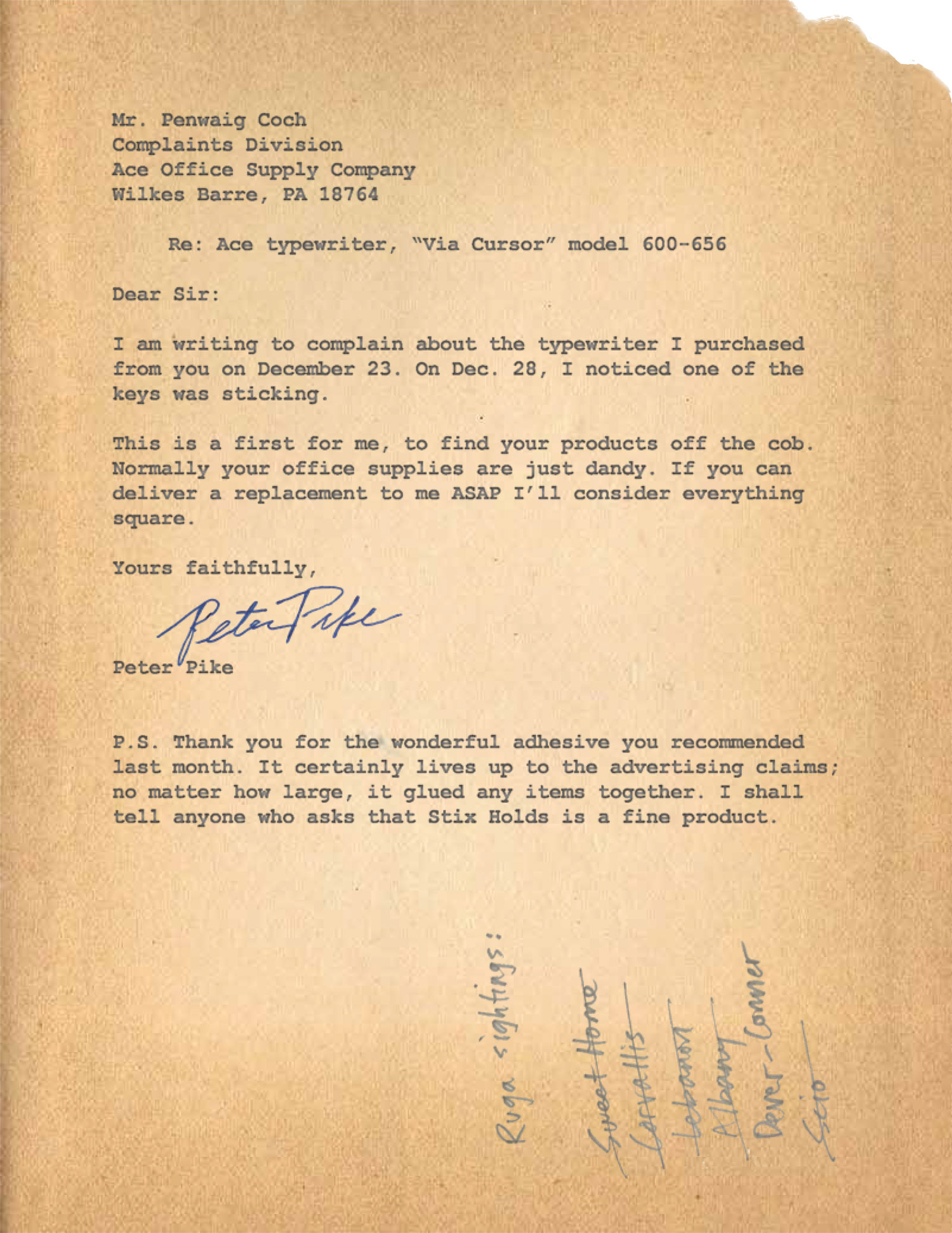 a fake photo of an old letter where Peter Pike complains about his typewriter