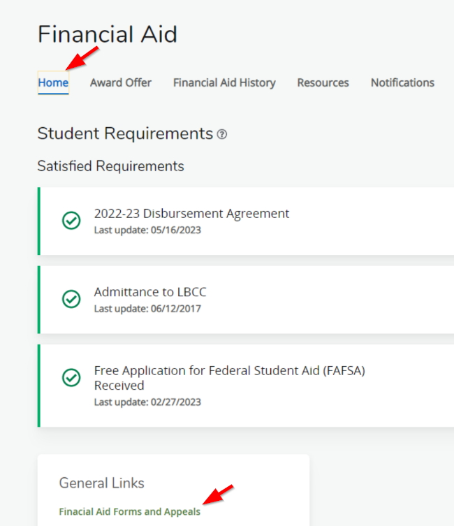 screenshot of the Financial Aid dashboard